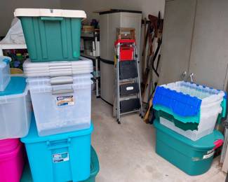 storage totes, ladders, garage storage cabinets, garden tools