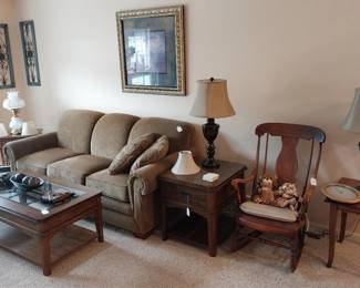 La Z Boy sofa (some damage), coffee table side tables, rocking chair, table lamps, wall decor