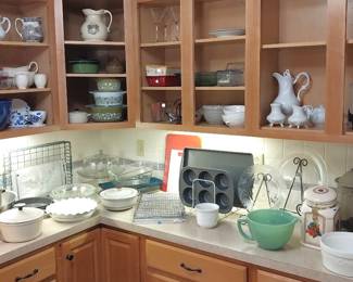 Vaseline glass, Pyrex crazy daisy, Fiesta bowl, jadeite mixing/pour bowl, canister sets, Fire king, cast iron