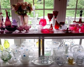 amethyst glass, red glass, flash cranberry, Fenton glass, caramel Fenton, cut to clear decanter set, Vaseline glass