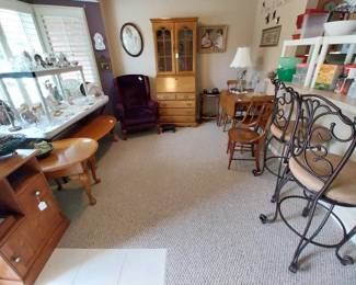 oval Broyhill tables, barstools, oak drop leaf table, oak secretary desk, purple push back recliner, Harrison Fisher print