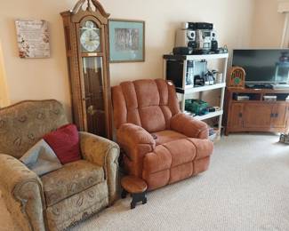 lift chair, La Z Boy push back recliner (some damage), grandfather clock, Panasonic stereo, HP computer, Kodak easy share printer, Nikon Coolpix, Kodak easy share camera, Samsung 3D blu ray, Sanyo player, LG 43” tv