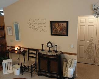 rugs, wooden chair, sofa table, shelf, wooden ducks, decor