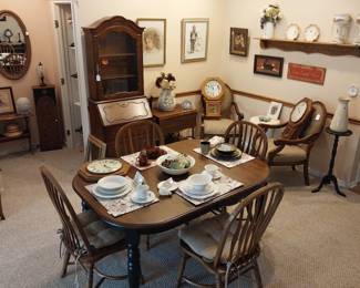 dining table with self storing leaf and 4 chairs, wall décor, Jasper cabinet secretary desk, wooden tea cart, plant stand, pair of armchairs, oak shelf, trestle style sofa table, side board, pair of lusters, wall clocks, dish sets