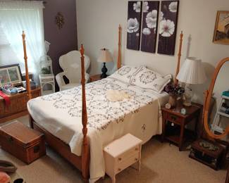 full size 4 poster, full size beauty rest recharge mattress, side tables, white wicker rocker, white wicker side table, cedar chest, free standing oak full length mirror, wall art