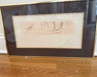 Vintage Venice Gondola Etching - Signed Salvador Dali | F.A. Artist's Proof| Certificate of Authenticity | : Vision of Venice Etching (1976-77) | Framed piece depicting a gondolier on the canals of Venice with the city's distinctive architecture loosely sketched in the background. The minimalist line composition has a large signature in the lower right.