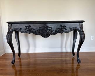 Ethan Allen Joelle Carved Console | 54" wide x 47" long| distressed black/dark finish with warm wood showing through carved details and edges