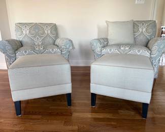 Ethan Allen Custom Upholstered Accent Chair | generously padded rolled arms, loose seat cushion, tailored back, exposed wood legs. Ethan Allen Custom Ottomans offered separately | Ivory/cream textured fabric with contrasting light-taupe welt/piping tailored square upholstered top and base and dark tapered wood legs