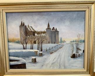 Carol Whitney Campbell: Winter Castle Landscape Original oil on canvas, signed C. Campbell artist biography on back, substantial gilt frame