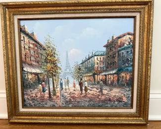 Henry Rogers: Paris/Eiffel Tower Street Scene in ornate gold frame - Charming Parisian street scene featuring the Eiffel Tower in the distance and figures strolling along a lively blvd lined with cafes and classic Paris architecture. Painting has a textured, impressionistic style with warm colors and strong perspective. Signed Henry Rogers at the lower right. Original oil on canvas