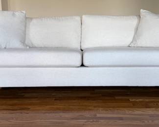 Ethan Allen custom upholstered sofa| 88" wide | Clean off-white textured fabric | Clean traditional styling, slim track arms, two generous loose seat cushions, comfortable loose back cushions and coordinating oversize pillows