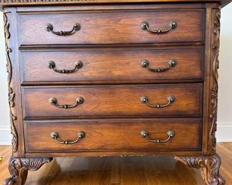 Hooker Furniture Seven Seas Collection Carved Dresser | Filing Cabinet | Features a rich mahogany-tone wood finish with antiqued brass-tone bail pulls, decorative carved top and carved corner detailing.