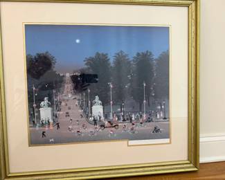 Michel Delacroix - Signed Paris/ Champs-Elysees Limited Edition Print | Beautiul framed print by French artist Michel Delacroix, depciting a lively nighttime scene along the Champs-Elysees with the Arc de Triomphe in the distance. The charming composition features cyclists, vintage automobilies, pedestrians, french flags, and Parisian part scenery beneath a moonlit sky. Delacroix is renowned for his nostalgia depictions of old Paris and his distinctive naive-style imagery. Hand signed in pencil at lower right. Beautifully presented with a wide cream mat, gold inner border and substantial antiqued gold-tone frame.