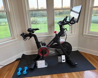 Peloton Bike+ with large rotating HD touchscreen. Excellent, very clean condition. Includes exercise mat and pictured Peloton accessories. Adjustable seat and handlebars.