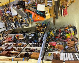 Aerial view of some things for sale - power tools, hand tools, collectibles