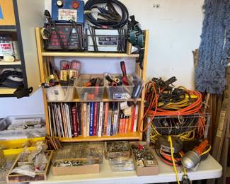 woodworking books, battery chargers, electrical cords