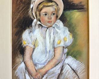Mary Cassatt (American, 1844–1926), signed pastel on period laid paper depicting a young girl in a white dress and broad white bonnet. Signed “Mary Cassatt” lower right and presented in an ornate gilt frame. Accompanied by a 2022 Certificate of Authenticity and appraisal.
