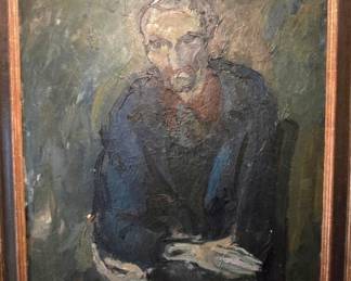 David Burliuk (Russian/American, 1882–1967), signed oil on canvas portrait of a seated man. Strongly expressionistic work with exceptionally heavy, sculptural impasto and richly layered color. Signed “Burliuk” lower left and presented in a gilt frame.