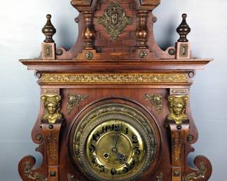 Ornate Wooden Wall Clock With Brass Mounts And Pendulum Movement, Includes Key, Approx 30.5" x 20" x 4" 