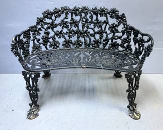 Cast Iron Bench, 27.5" x 37.5" x 23", And Table, 17" x 21" Dia, With Grapevine Accents
