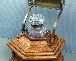 Oak Octagonal Ink Well Holder With Glass Ink Well, Brass Pen Holder, And Feather Quill In Wood Framed Glass Sided Display Case, 25.5" x 15.5" x 13.25"