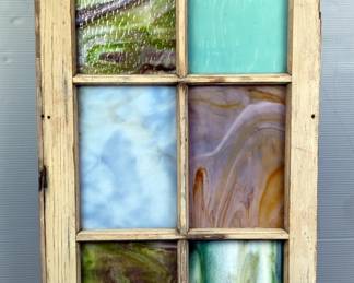 Six-Pane Slag Glass Window With Wood Frame, 35.25"x18.5"