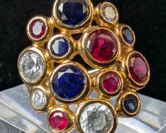 Sterling Silver And Red, White, And Blue Gemstone Ring, 925 Silver