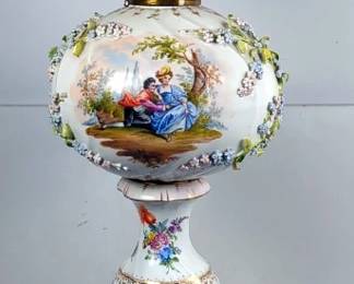 Antique Carl Thieme Potschappel German Porcelain Floral Lamp, T & Crossed Swords Mark, Detailed Floral Encrustations, Approx. 32 