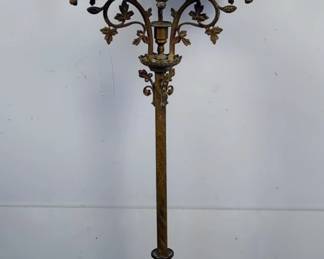 Ornate Brass Floor Candelabra With Glass Hurricane Shades, 47" x 16"