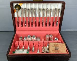 Rogers 1881 Oneida Ltd Silverplate Flatware Set In Wood Chest, Enchantment Pattern, Approx Qty 53 