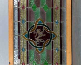 Antique Gothic-Style Stained Glass Panel With Rampant Lion, In Wood Frame, Approx 63" x 22" 