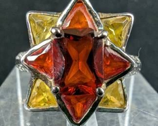 Sterling Silver, Red, And Yellow Gemstone Ring,