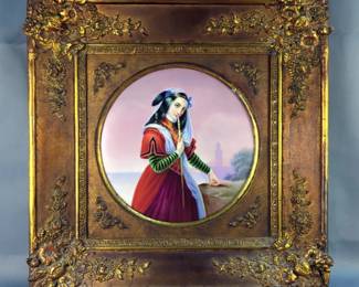 Hand Painted Porcelain Portrait Plaque In Gesso Frame, Approx 18" x 18"