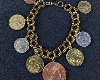 Sterling Silver Foreign Coin Charm Bracelet, 925 Silver