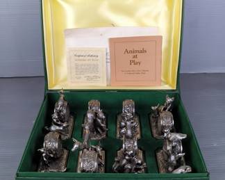 Franklin Mint "Animals At Play" Silver Plated Sculptured Napkin Rings, Limited Edition 1977, In Box