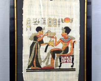 Egyptian Papyrus Painting Depicting Royal Figures And Hieroglyphs, Framed Under Glass, 31"x23.75" 
