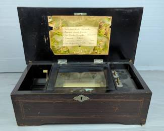 Swiss Cylinder Music Box With Inlaid Wood Case And Tune Sheet