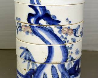 Vintage Japanese Sometsuke 4-Tiered Ceramic Jubako Serving Dishes