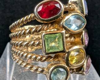 Gold Plated Sterling Silver And Multi-Colored Gemstone Ring, 925 Silver