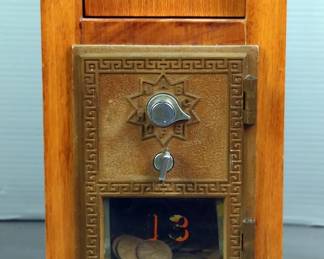 Post Office Wooden Coin Bank With Pennies From 1940s And 1950s, Marked Number 13