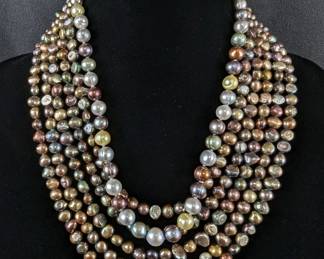 Sterling Silver And Dark Pearl Necklace With 5 Strands, 925 Silver, And Sterling Silver And Multicolor Pearl Necklace, 20" 