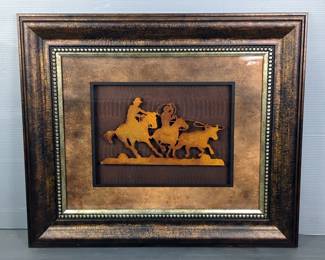 Western Style Metal Silhouette Of Cowboys And Steer, Framed, Under Glass, 23.5"x27.5"
