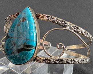 Sterling Silver And Turquoise Cabochon Bangle Bracelet, 925 Silver 