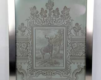 Etched Glass Featuring A Stag In Woodland Setting, Framed, 30"x25"