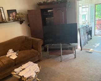 Living Room Furniture, Large Flat-Screen TV, Wood Entertainment Armoire & Home Décor