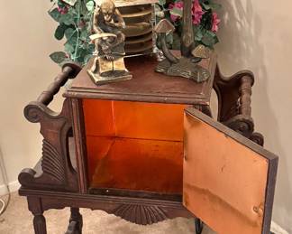 Antique Copper-lined Smoking Stand/Humidor with Geometric Inlaid Door and Magazine Racks