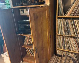 Vinyl Record Collection with Wood Stereo Cabinet & Audio Equipment