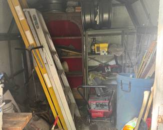 Outdoor Storage Shed with Ladders, Craftsman Pressure Washer, Automotive Wheels, Hand Tools & Lawn and Garden Equipment