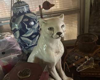 Asian-Inspired Home Décor, Blue & White Crane Lamp, Ceramic Cat & Decorative Boxes