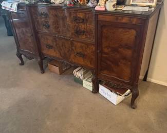 1. Ornate Burl Wood Sideboard Buffet with Carved Details & Cabinet Storage